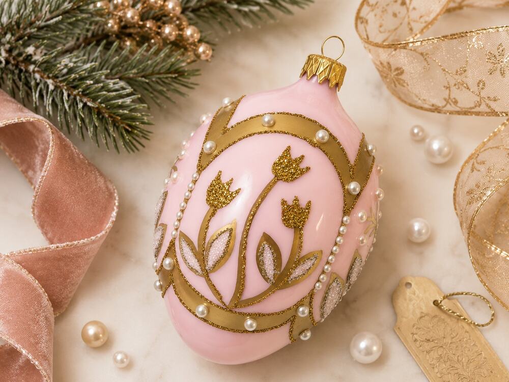 SZKLO-DEKOR Pink Gold Glass Egg Christmas Ornament Poland 6"
